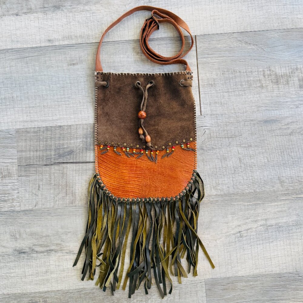 Handmade Leather Patchwork Crossbody Shoulder Bag with Fringe and Beading